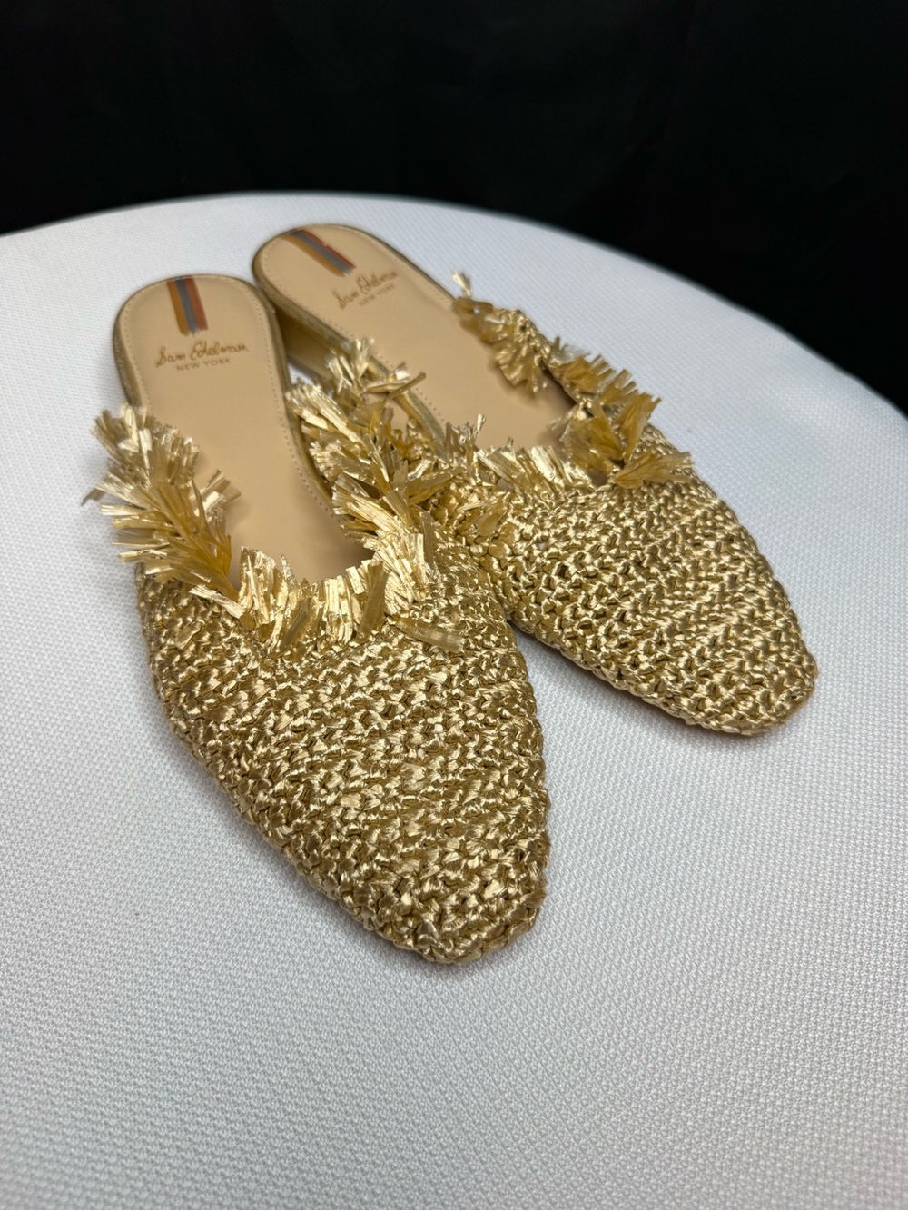 Sam Edelman Metallic Gold Raffia Fringe Mules- New